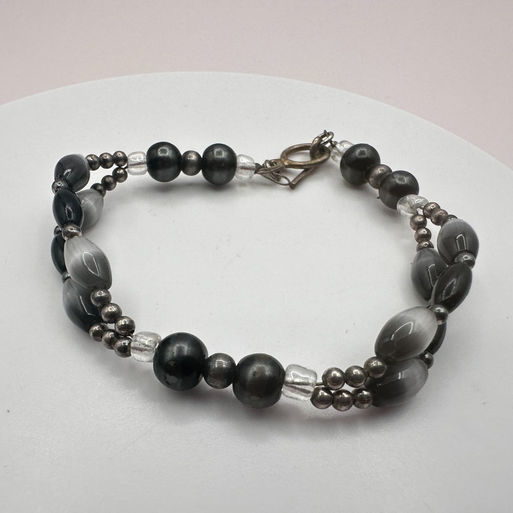 Vintage Y2K Silver Double Strand Beaded Bracelet Boho Minimalist Jewelry